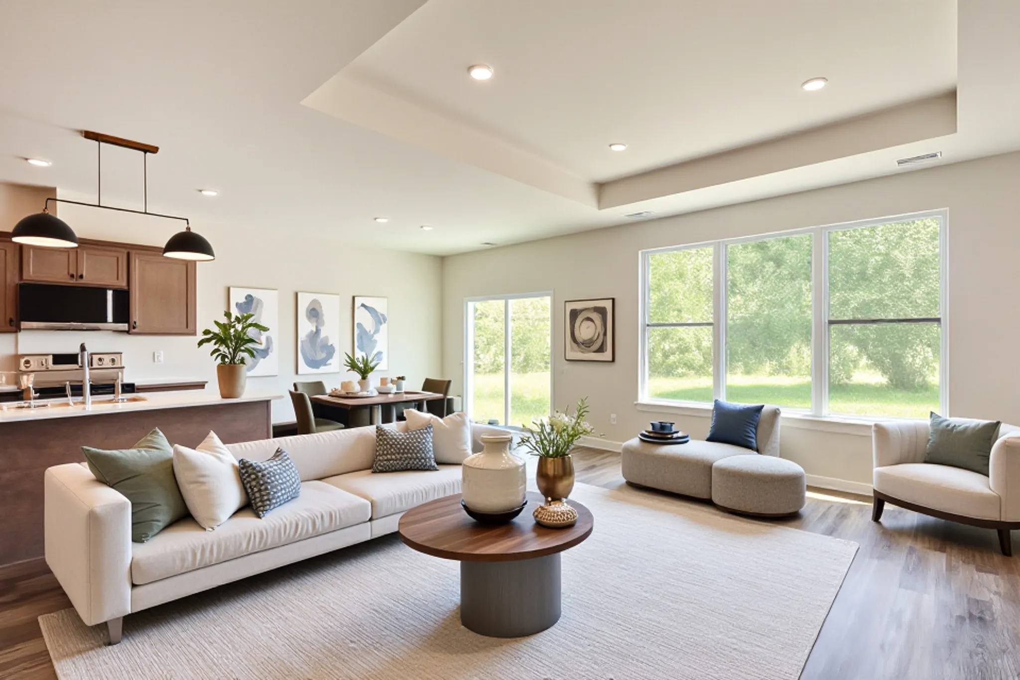A well-lit, spacious living room with a kitchen area in the background.